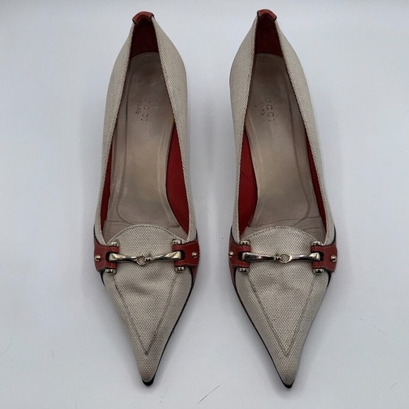 Gucci Womens Pumps US 8.5 B Gray Red Canvas Horsebit Pointed Toe Kitten Heel - Picture 3 of 13